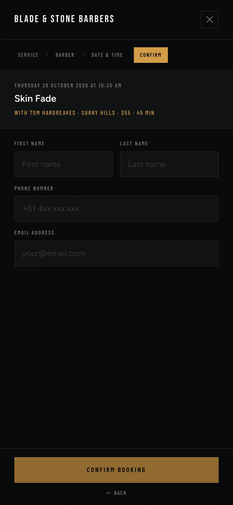 Online booking summary and customer contact details with a Confirm booking button.