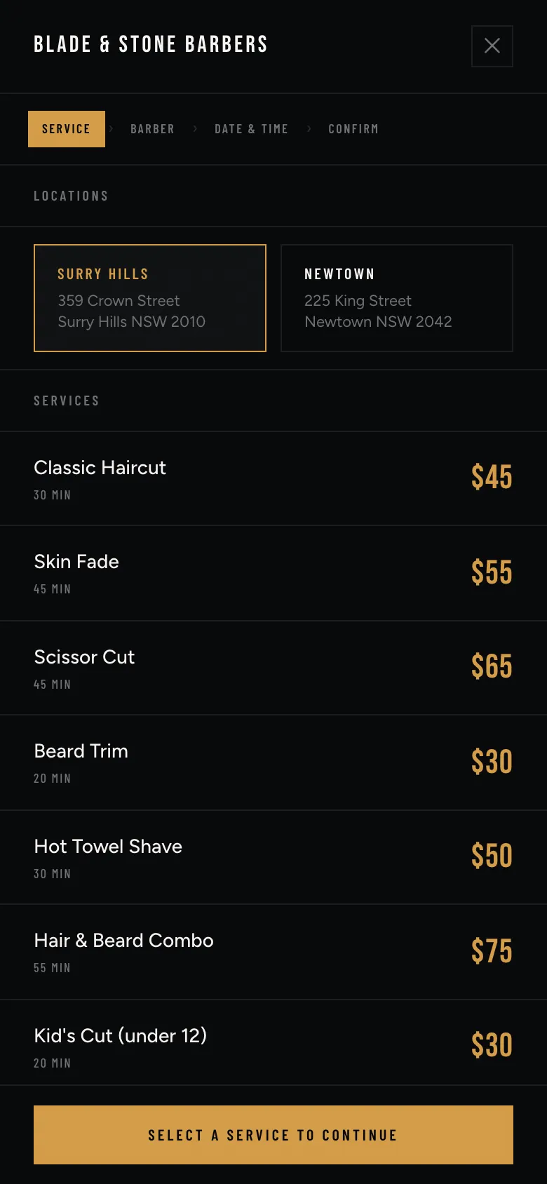 Barbershop online booking with a choice of shop and services with prices.