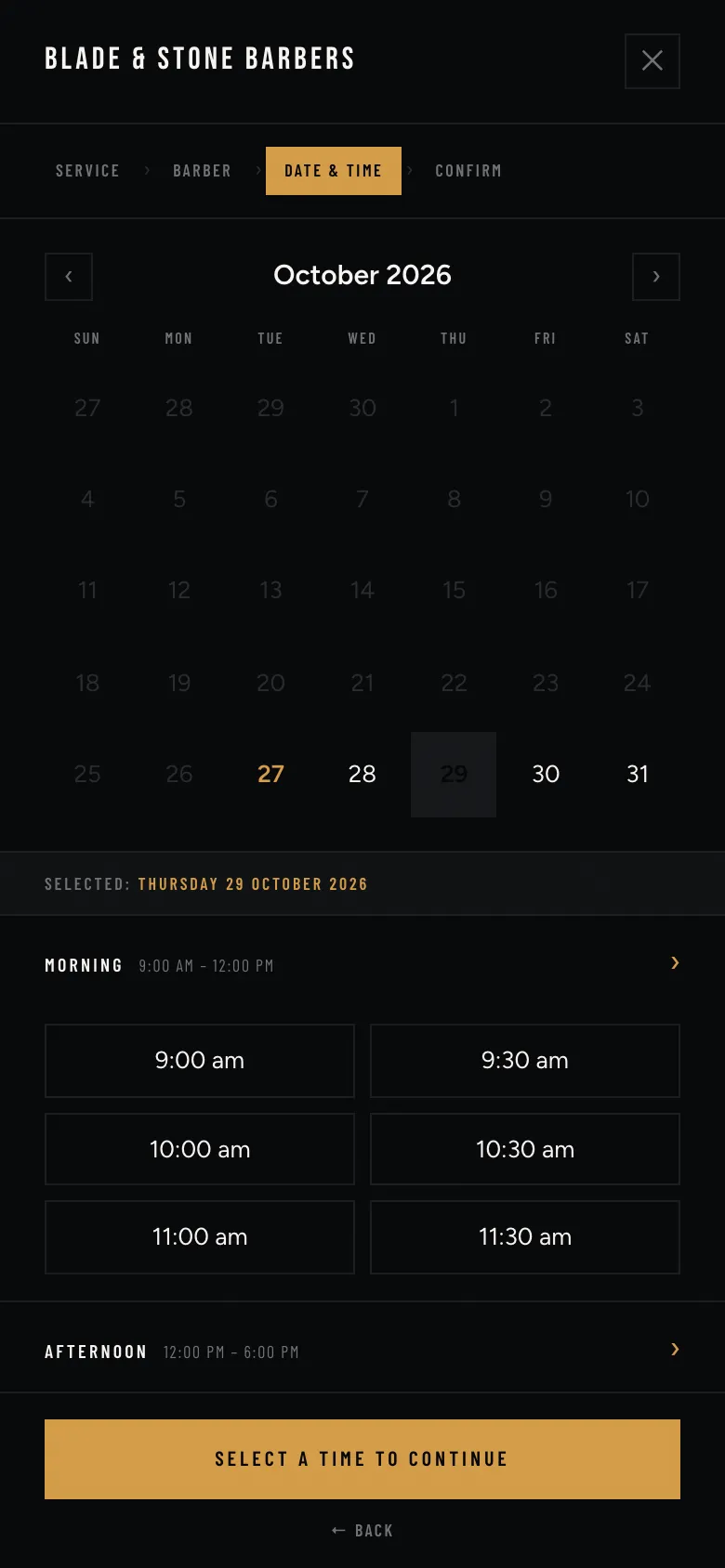 Blade & Stone barbershop online booking calendar with available time slots.