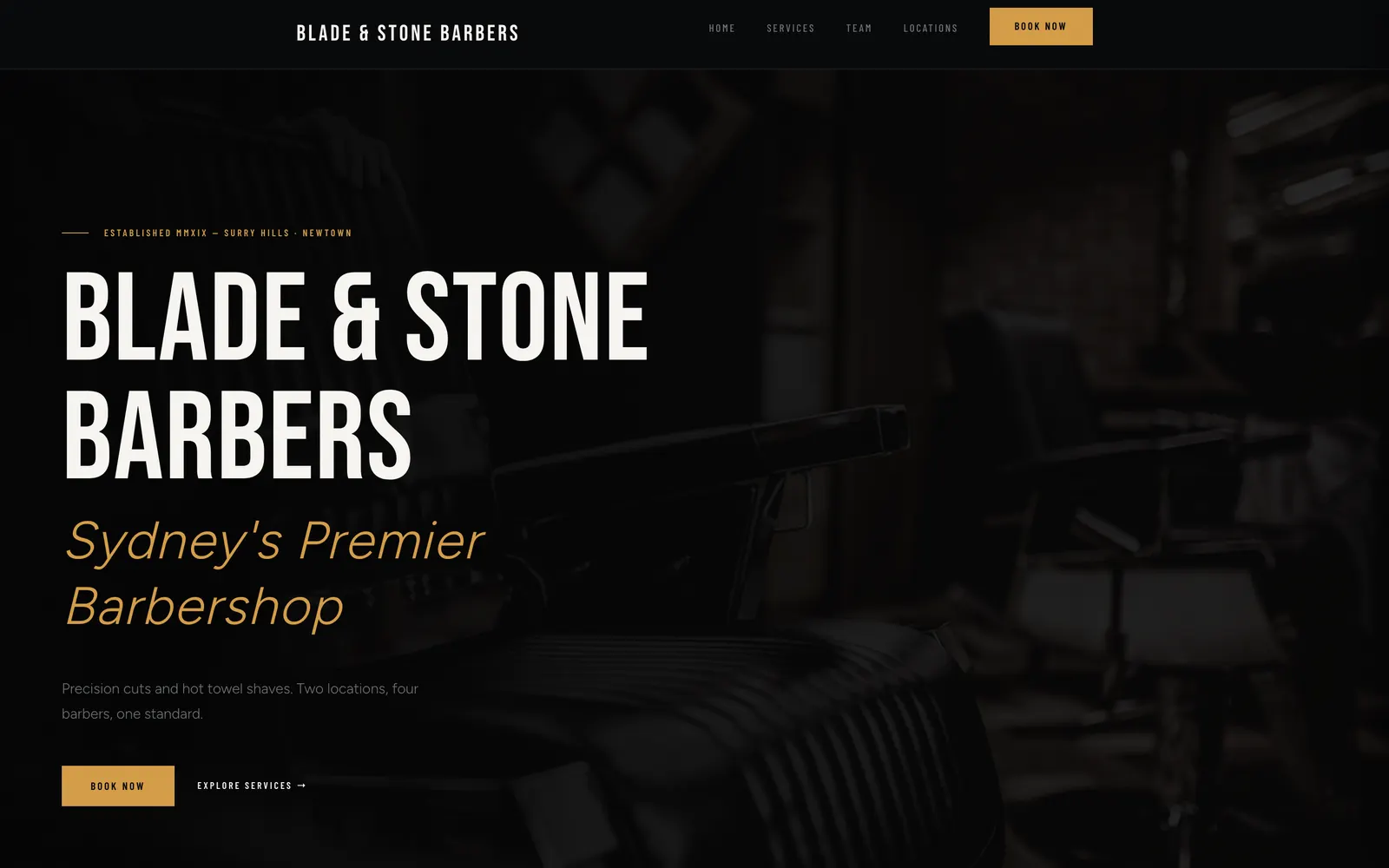 Blade & Stone demo barbershop booking website on desktop, with a Book now button.