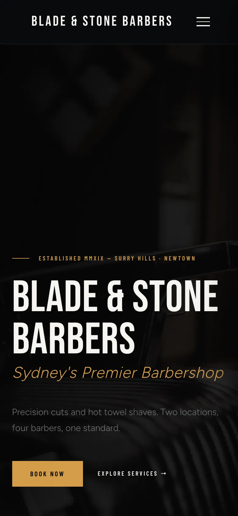 The demo barbershop’s own online booking website on a phone, with its name, colours and Book now button.