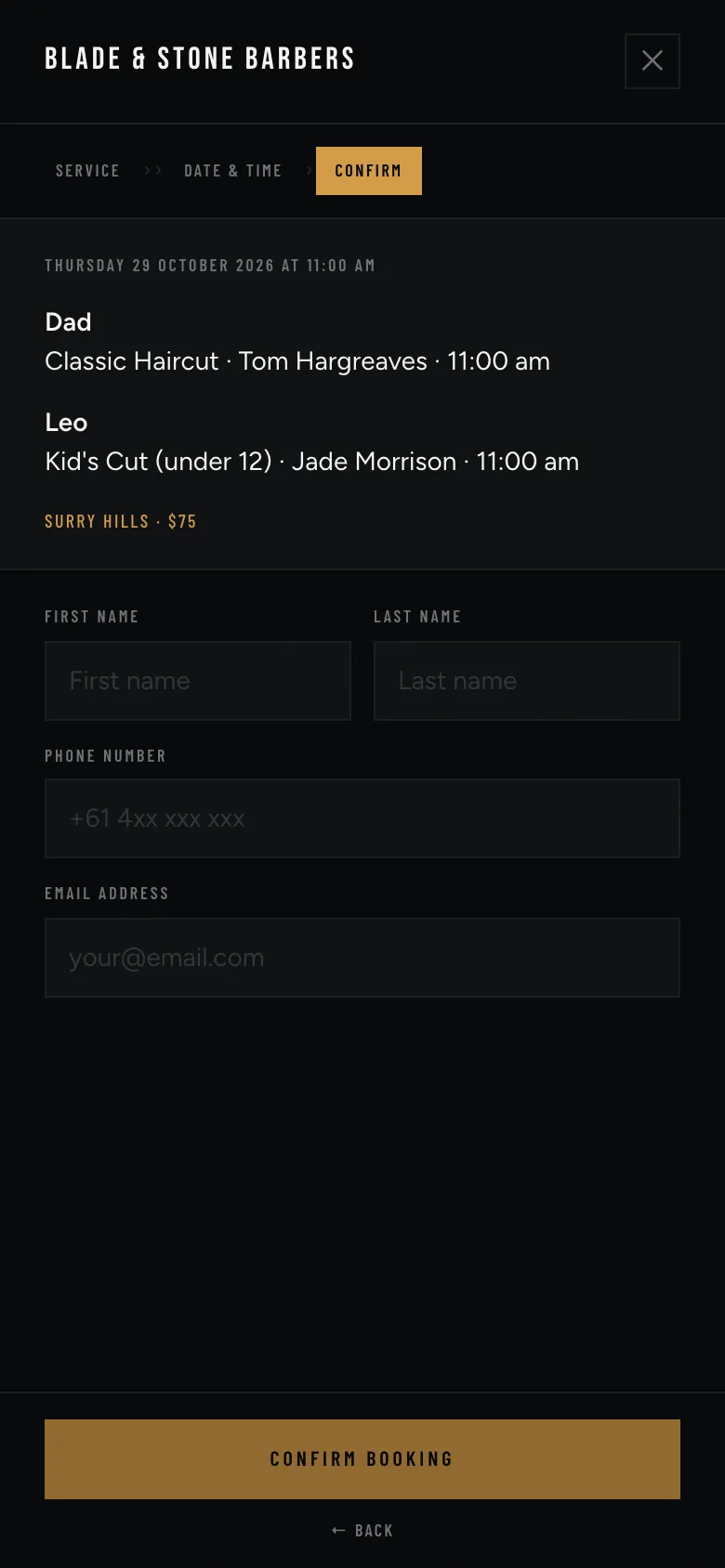 Family booking plan with two people booked at 11 am with different barbers.